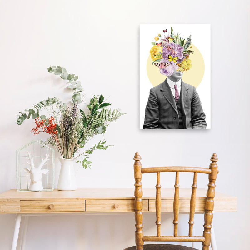 Illustration murale fantaisiste représentant un gentleman botanique, un papillon coloré, élégant et surréaliste, une fleur et la nature