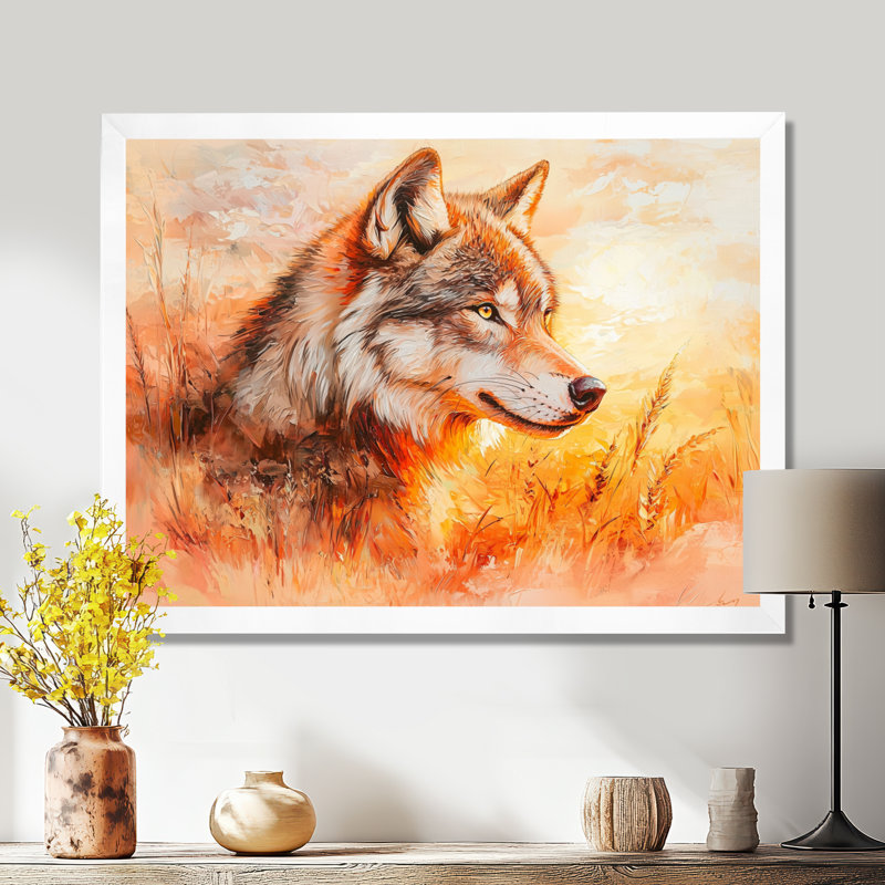 Portrait de loup au coucher du soleil II - reproduction d'art loup, Reproduction encadrée d'une seule photo sans pass, Blanc