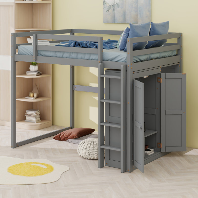 Structure de lit mezzanine en bois de qualité supérieure avec éclairage à DEL intégré, garde-robe et tablettes de rangement spacieuses
