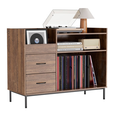 Record Player Stand with Power Outlet & Flip-Down Lid, Turntable Table with Storage for 300+ Vinyls, Black Wood Grain Media Console with 2 Drawers, 27 by Ebern Designs