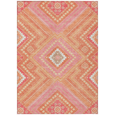 8' X 10' Coral Pink And Ivory Tribal Washable Indoor Outdoor Area Rug