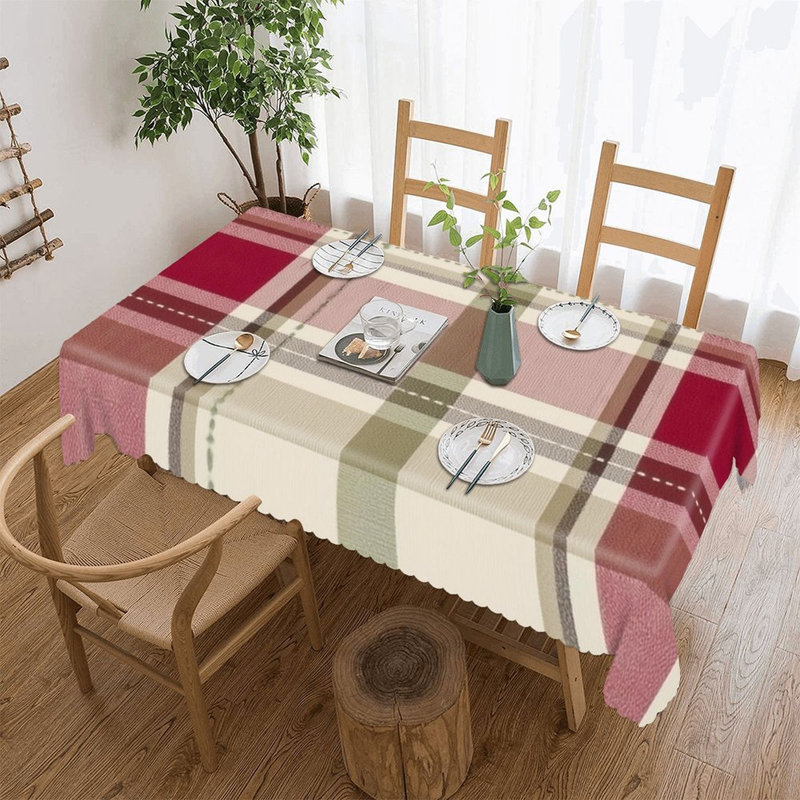 Tapis de table à carreaux roses et beige avec bordure ondulée 60 x 120 pouces