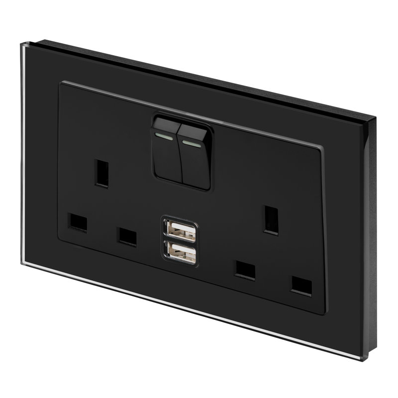 Crystal PG 2.1A USB & 13A DP Double Plug Socket With Switch White, Black