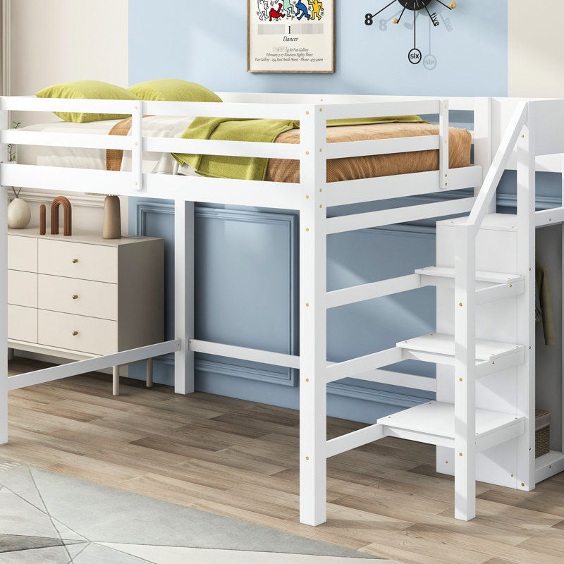 Lit mezzanine double avec rangement intégré et escalier, structure en bois de pin blanc pour la chambre à coucher, Blanc