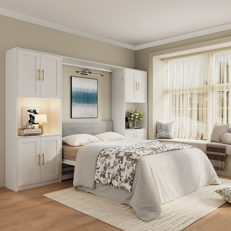 Queen Farmhouse Murphy Bed With 2 Storage Cabinets,space-saving Wall Bed For Multipurpose Room, White