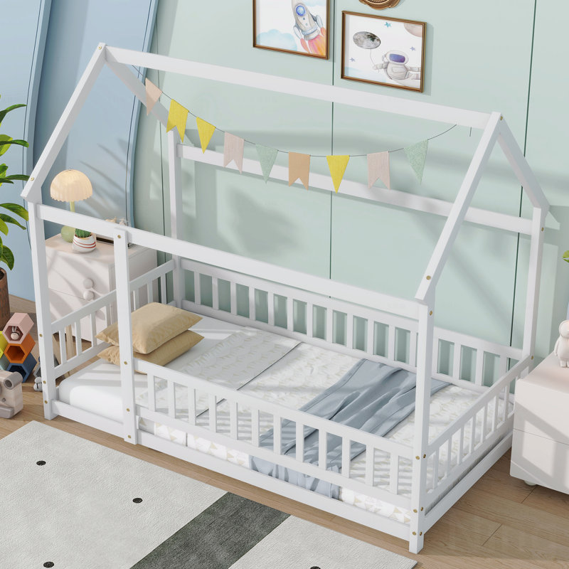 Twin Size House Floor Wooden Frame Materialen Bed Frame With Roof Frame,Safety Guardrails, Twin, White