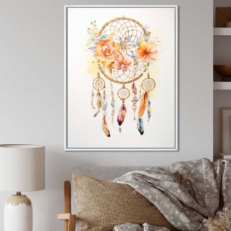 «Yellow Boho Dreamcatcher», impression sur toile, Cadre flottant blanc, H 32 po x l 24 po x P 1 po
