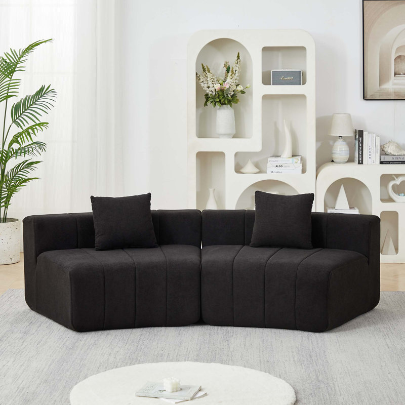 Canapé d'angle incurvé en chenille avec coussins, Chenille noir