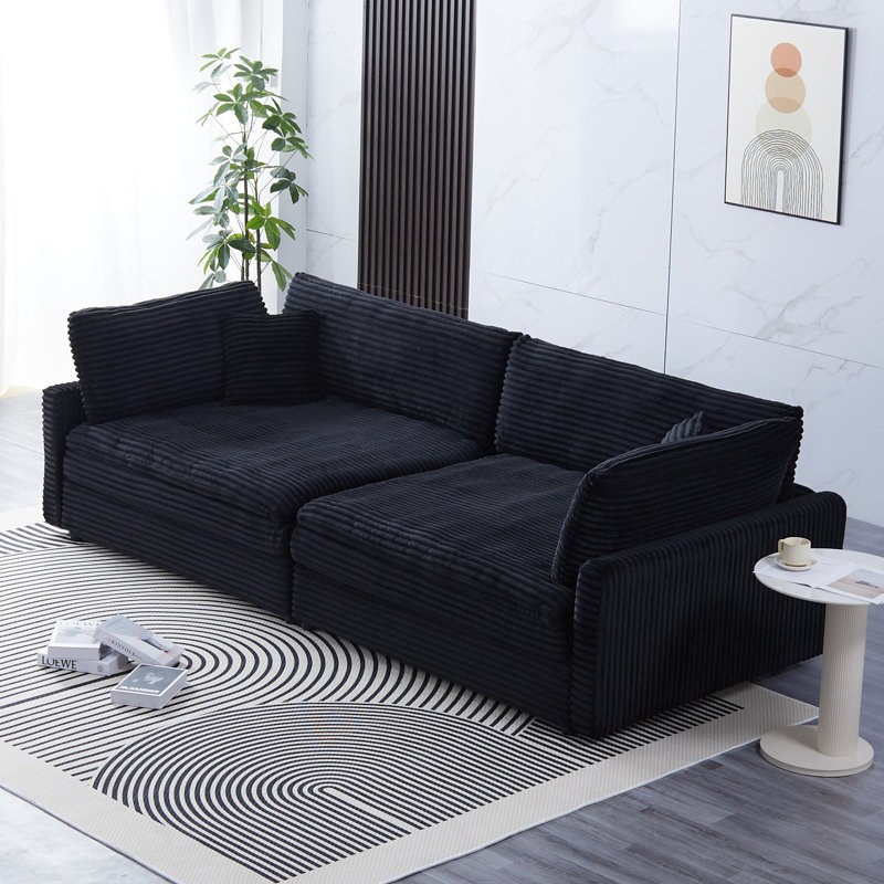 Canapé en velours côtelé de 112 pouces: deux coussins décoratifs, quatre dossiers, Noir