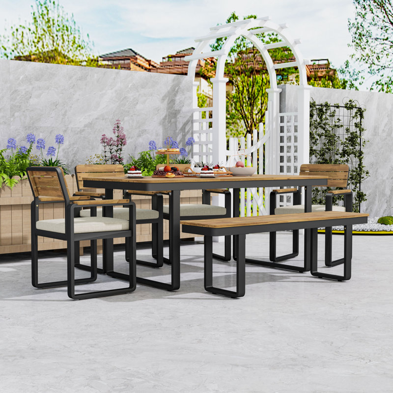 Ensemble repas 6 pièces avec table en bois d'acacia, banc et chaises rembourrées pour la cour, Beige