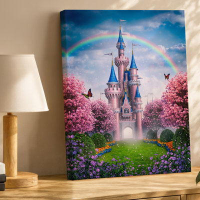 Toile, "Un fantaisiste château de conte de fées" se dresse majestueusement dans un paysage d'art mural orné de teintes roses et bleues pastel