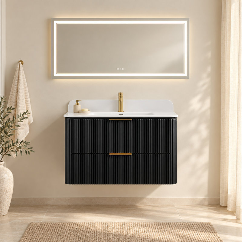 Ensemble de vanité suspendue noire de 76 cm avec lavabo intégré et miroir de courtoisie à DEL de 76 x 140 cm, Black