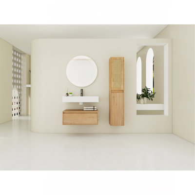 Meuble-lavabo mural 30 po avec lavabo en résine et armoire latérale, tiroir à fermeture en douceur (KD-Packing)