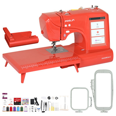 Poolin EOC05RE(2in1) Computerized Sewing & Embroidery Machine 9.2x4" Area, 7" Touch Screen 206 Built-in Sewing Stitches, 2 Hoops with Wireless, Women Gifts
