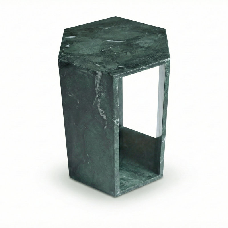 Table d'appoint luxueuse en marbre naturel vert luxueux, table de bout hexagonale de 16 cm avec finition polie, socle en pierre vert diamant et table de chevet moderne pour le salon (40 cm x 32 cm)
