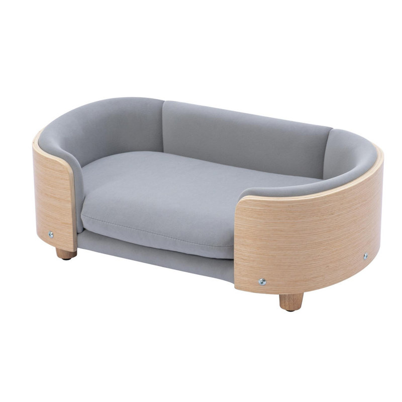 Petit canapé pour chien en velours avec pieds en bois massif et dossier en bois courbé de style scandinave, Gris clair