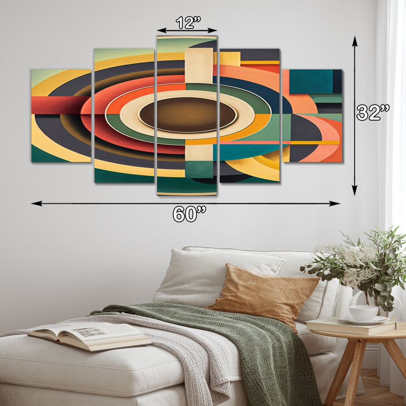 Mid-Century Vintage Circular Visions III - salon d'art moderne Mid-Century - 5 panneaux