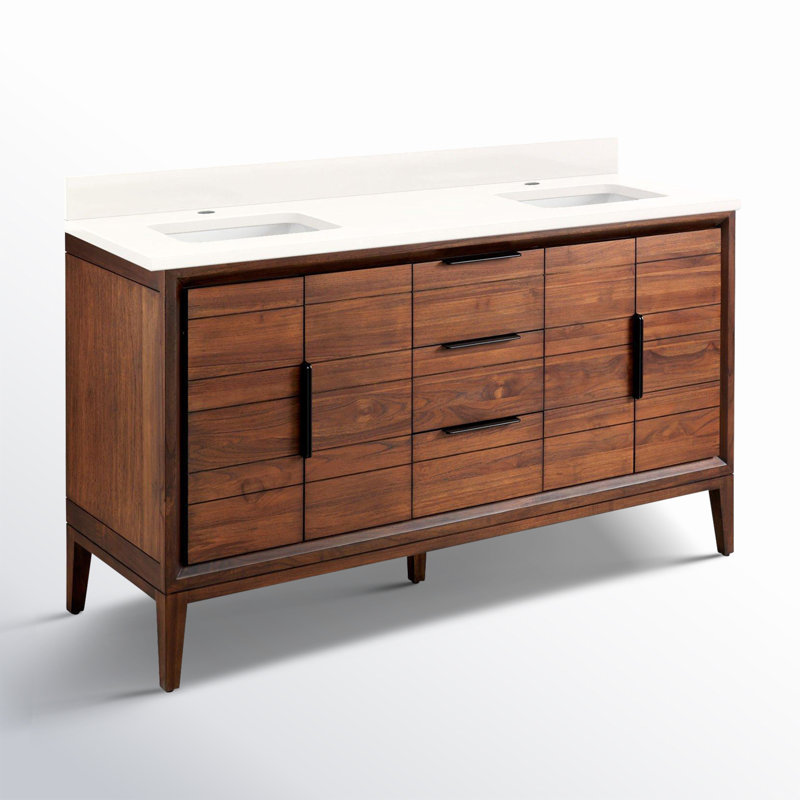 Meuble-lavabo double 60 po Aliso, Quartz blanc arctique, Monocentre centré, Café