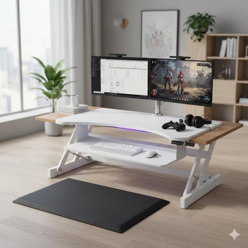  37.5 in. White Deluxe Height Adjustable Standing Desk Converter with Anti Fatigue Mat and Deep Keyboard Tray