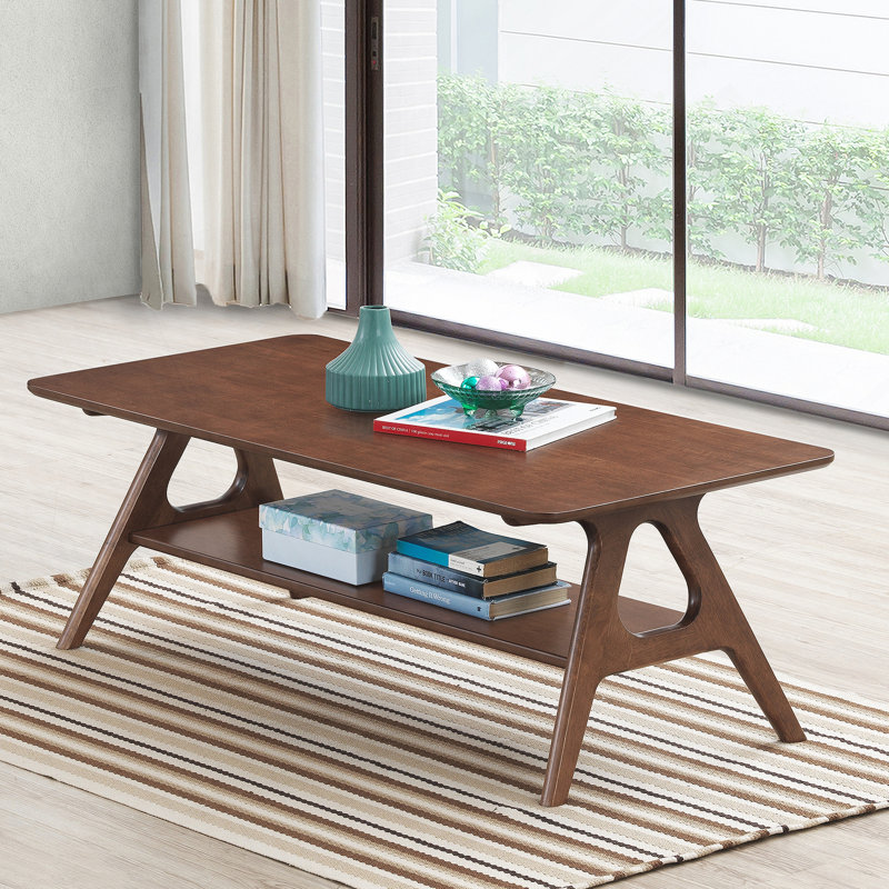Table basse Mid-Century moderne en bois avec tablette