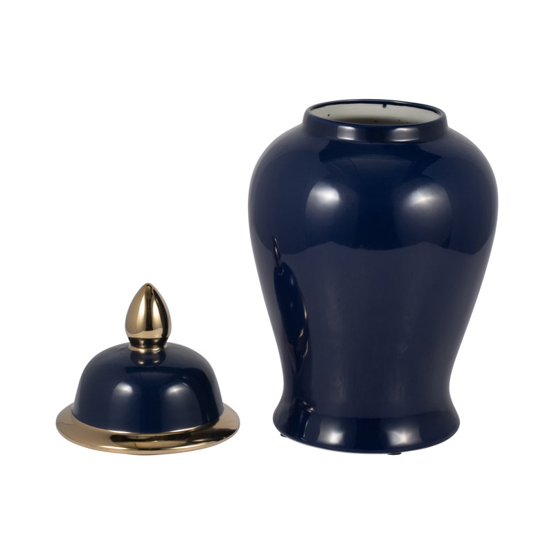 Grand bocal en céramique avec couvercle décoratif Ellport Sophistiqué, H 18 po x l 10 po x P 10 po, Bleu
