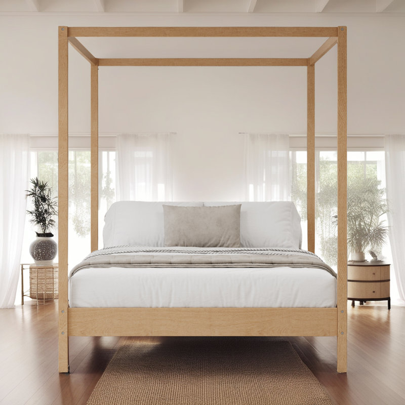 ?Elegant Canopy Bed Frame – 4-Poster Platform Bed with Slats, No Box Spring Needed?, Natural, King