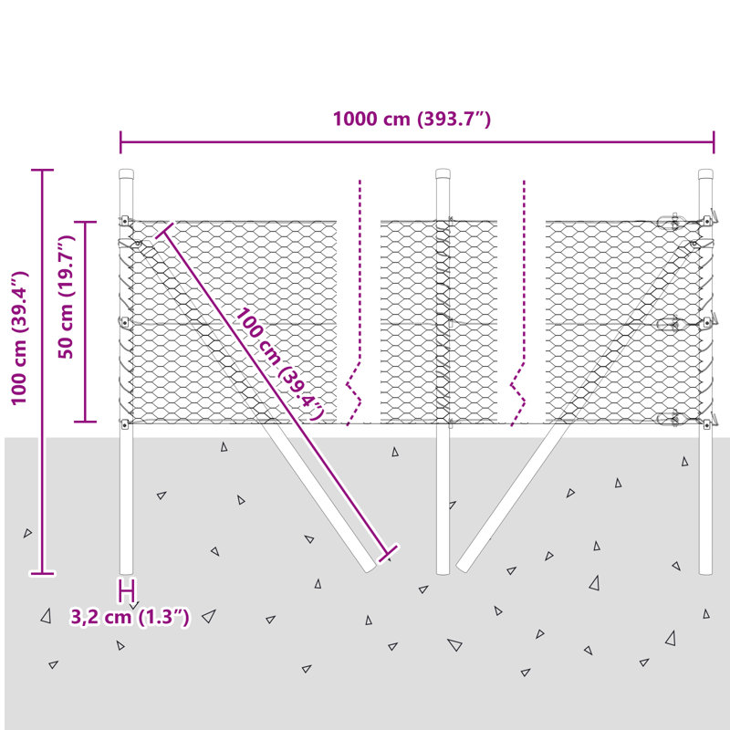Hexagon Fence Galvanised Steel, Silver, 50cm H x 1000cm W