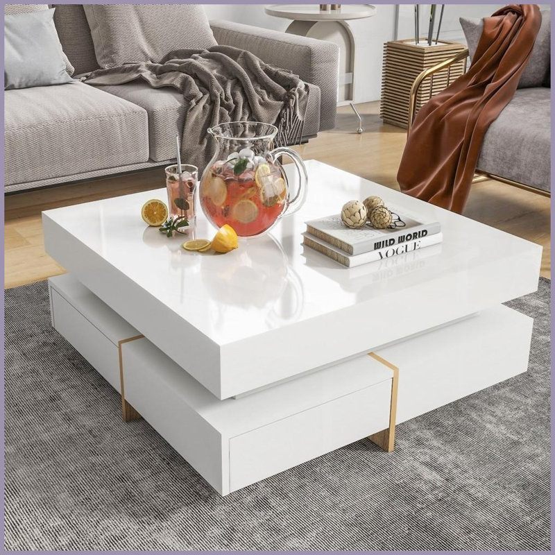 Table basse blanche à haute brillance avec 4 tiroirs - Illumine les espaces Peut servir de table de canapé, 31,5 po x 31,5 po