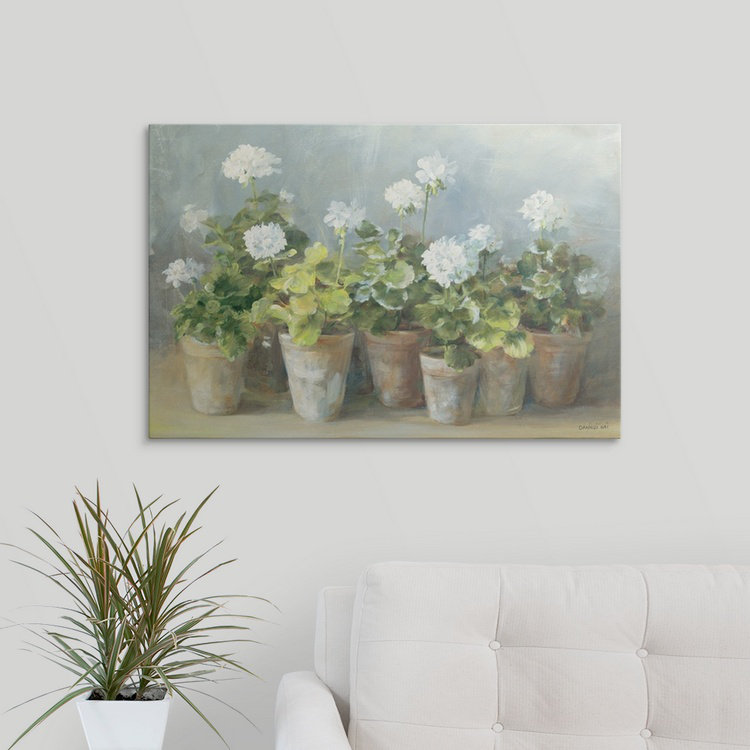 Hanli «White Geraniums» Danhui Nai, reproduction d'art, H 32 po x l 44 po x P 1 po, Cadre noir