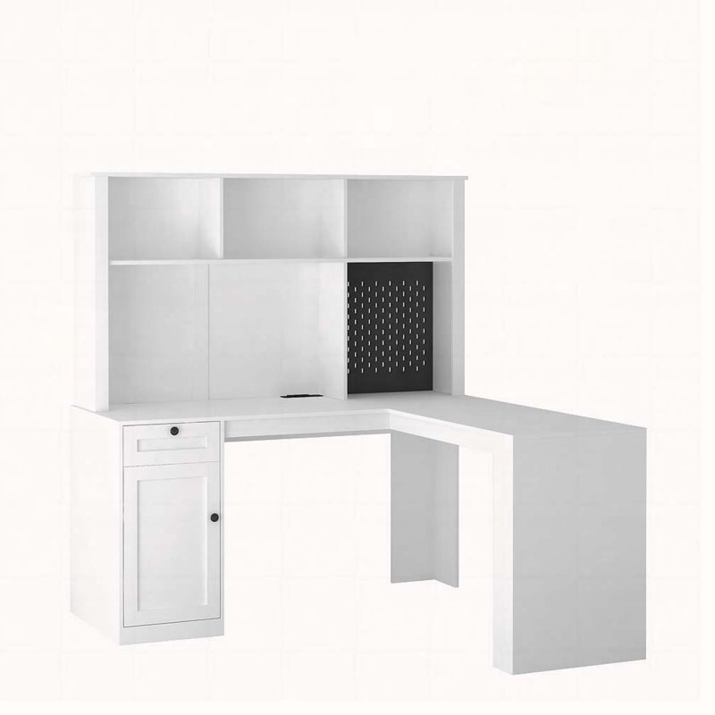 Bureau d'ordinateur en L avec tiroirs, bibliothèque, Blanc
