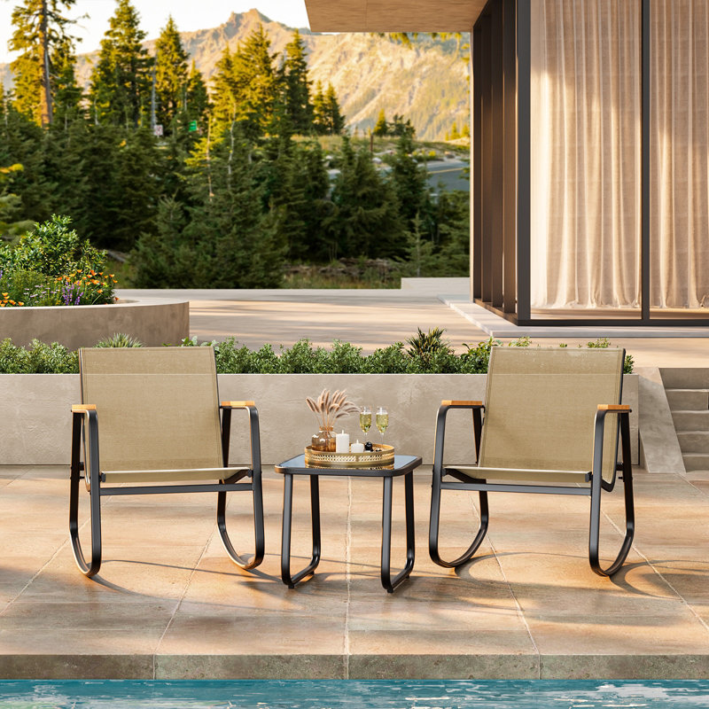 3-Piece  Outdoor Patio Conversation Rocking Set With Table，Seating Group, Brown