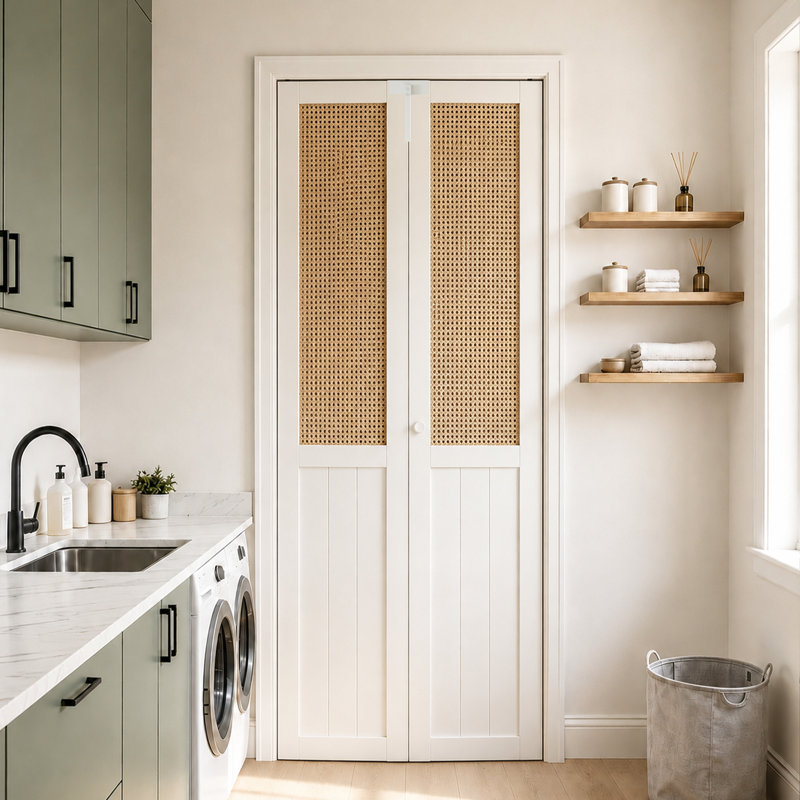 Porte pliante en rotin pliable - Porte pliante en panneau de fibres à densité moyenne à peindre blanc avec poignée en T tissé à panneau en T et poignée pour garde-manger, buanderie et chambre à coucher