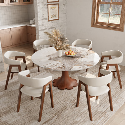 Round Dining Set With Sintered Stone Top Walnut-Finished Solid Wood Floral-Shaped Pedestal (1 Table, 4/6/8 Chairs)