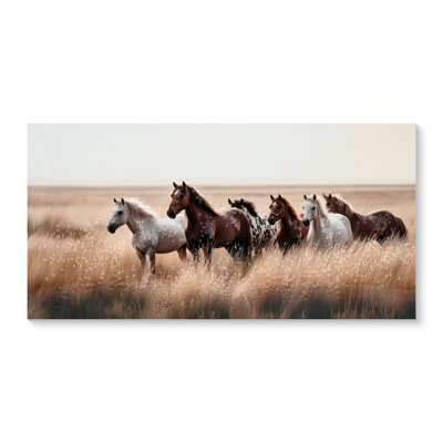 Cozy Country Rustic Horses Wall Art Decor: Western Farm Equine Canvas Picture Wild Animals Walking On Empty Grassland Farmhouse Ponies Portrait Painting Artwork For Living Room Bedroom 40" X 20"