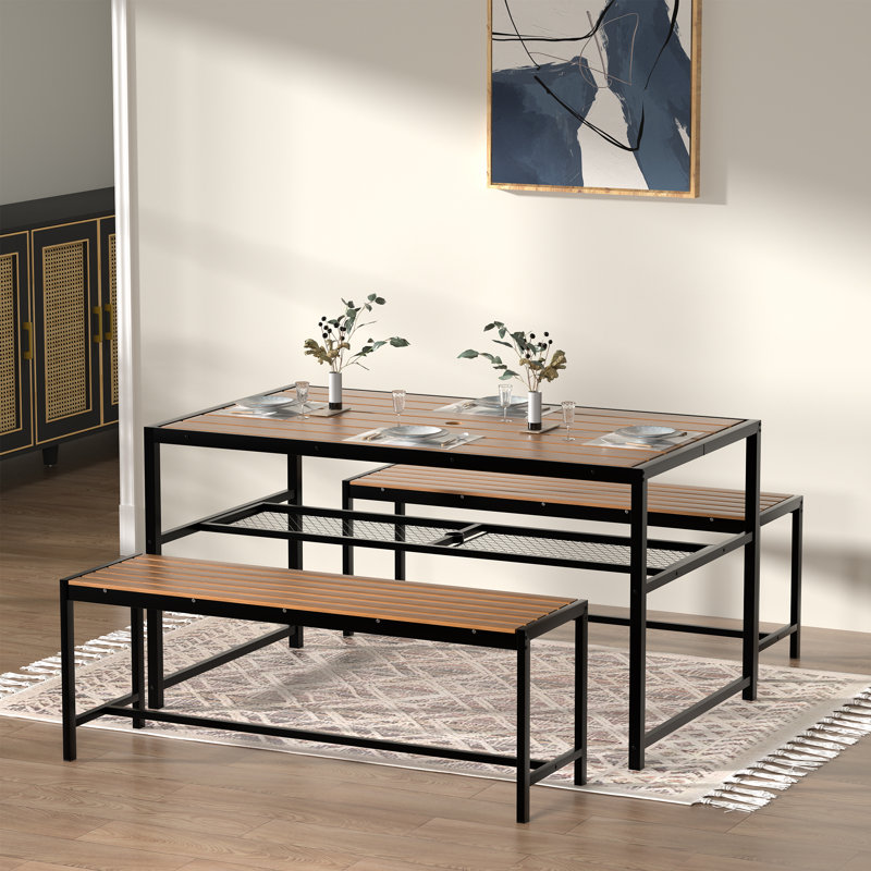 Picnic Table And Bench Set With 2" Umbrella Hole And Storage Rack, For Indoor And Outdoor Use