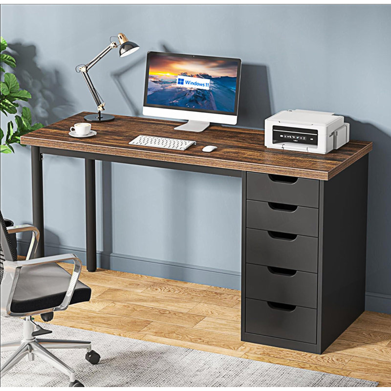 Bureau d'ordinateur à 5 tiroirs, bureau rustique avec rangement, Brun / Noir