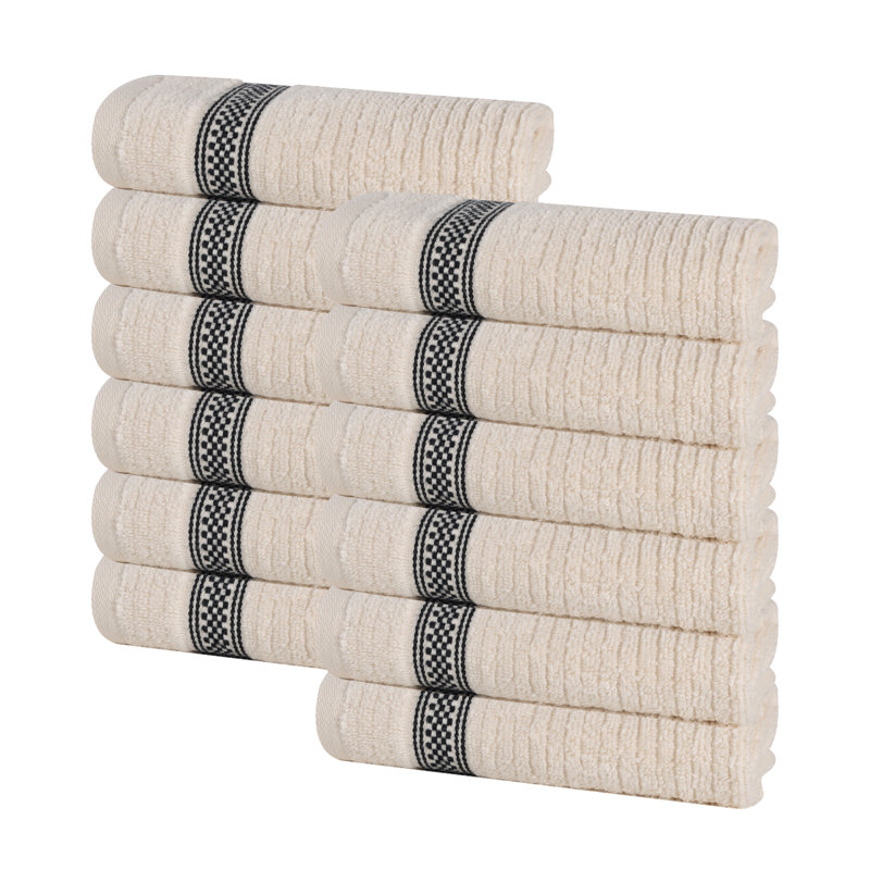 Amanita Zero Twist Cotton Ribbed Modern Geometric Border Soft Face Towel/Washcloth Set, Ivory