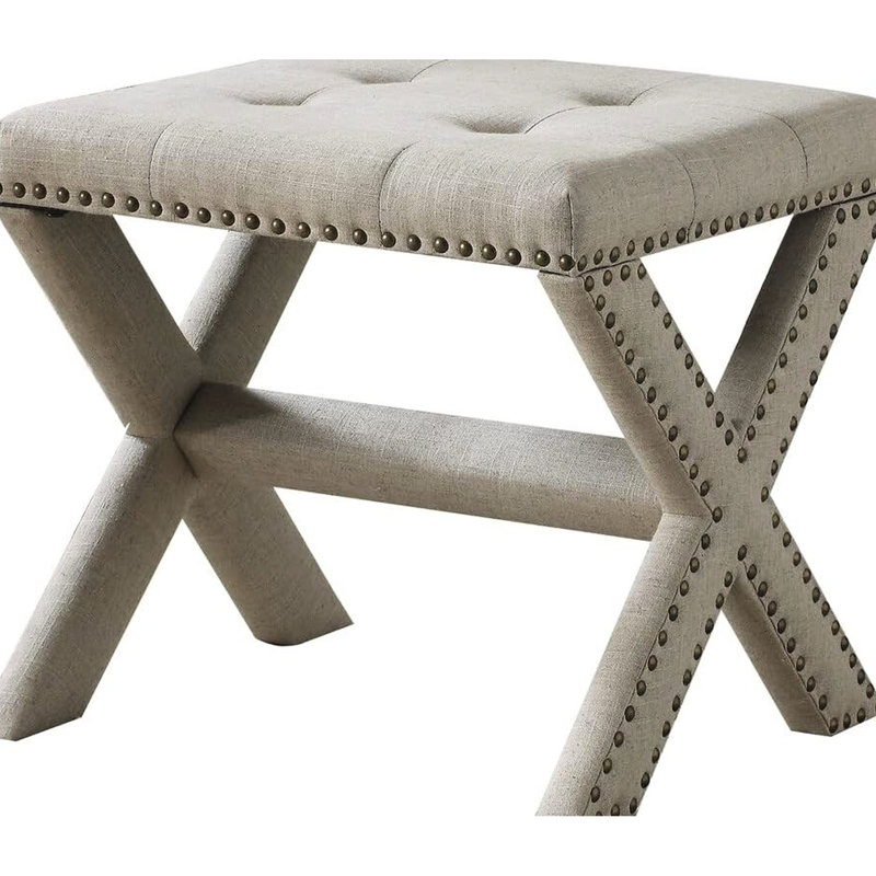 Banc d'appoint en mélange de lin avec siège et garniture cloutée, structure en bois franc d'ingénierie, mousse à haute densité, l 17 po garni de vestibule, structure, profondeur de 19 po d'épaisseur