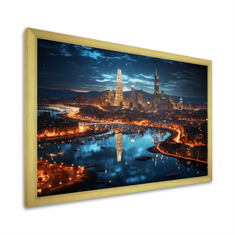 «Barcelona Beautiful Cityscape II» - reproduction, H 34 po x l 44 po x P 1,5 po, Encadrement doré