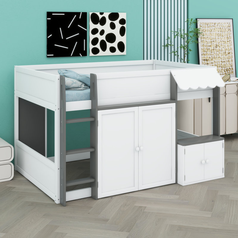 Lit Creative Cabin avec aire de jeu amusante et vaste espace d'organisation sous le lit, Blanc + gris