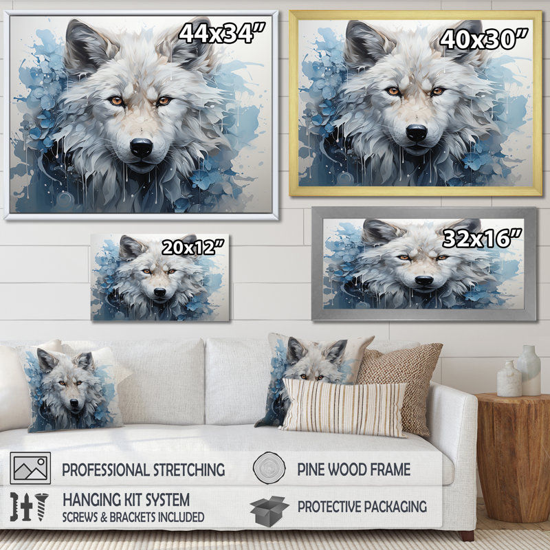 Portrait de renard bleu et blanc I sur toile, Cadre simple argenté, H 24 po x l 32 po x P 1 po