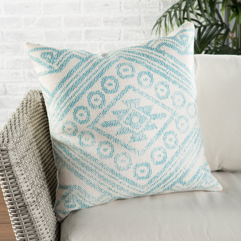Turquoise and Cream Geometric Polyester Outdoor Throw Pillow Cover