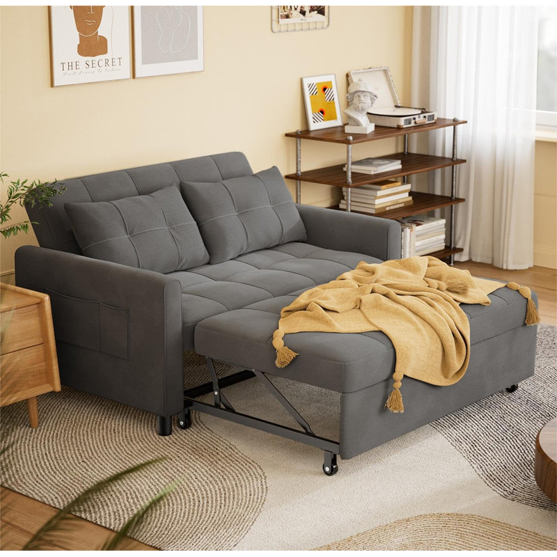 53.2" Width 3-in-1 Convertible Pull Out Sofa Bed, Full Size Sleeper Loveseat with 6 Level Adjustable Backrest & Side Storage Pocket, Linen Upholstered Couch for Small Space Apartment