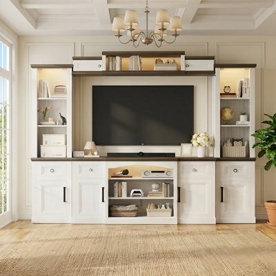 Meuble audio-vidéo 4 pièces Jonathan Farmhouse avec meuble télé, bibliothèque et armoire flottante de 70 po, tablettes réglables, portes de style européen et lumières DEL à détection de mouvement - convient aux téléviseurs jusqu'à 75 po pour les salons modernes