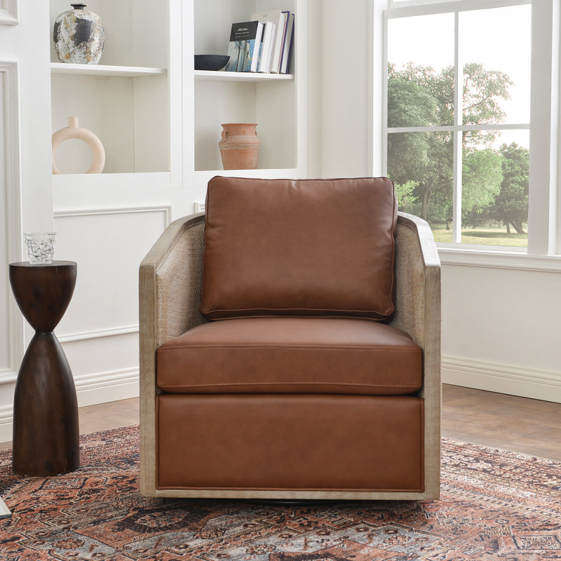  Fauteuil demi-tonneau pivotant en cuir véritable et bois de chêne, Cuir véritable brun