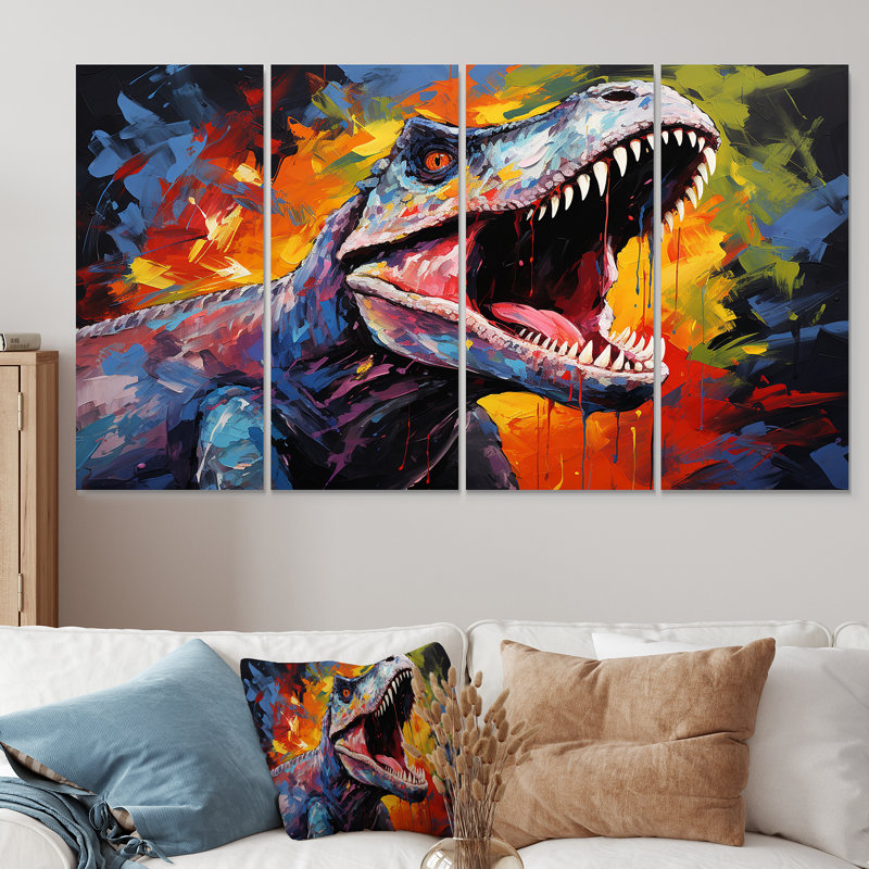 «Colorful Roaring Trex Dinosaur I - Dinosaur», art mural 4 pièces, H 28 po x l 48 po