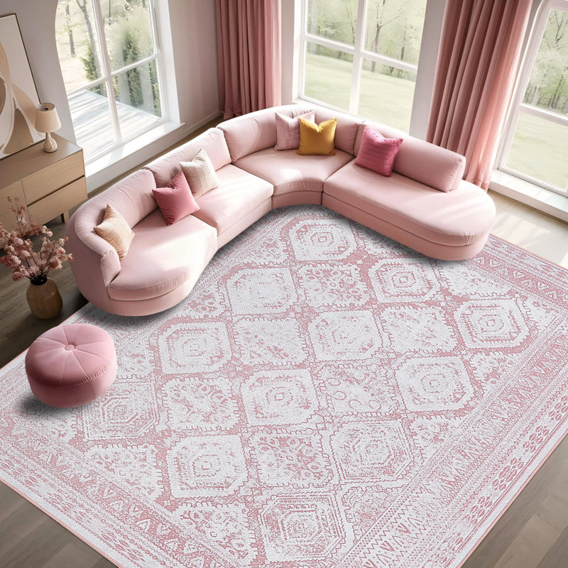 Machine Washable Non-Slip Vintage Retro Pink Area Rug, Rectangle 8' x 10'