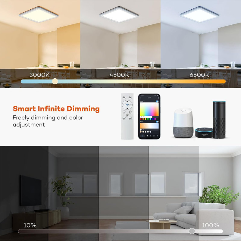 Smart LED Ceiling Light Wifi, 13In RGB Flush Mount Lighting Fixture With Remote, Compatible With Alexa Google Home, Low Profile Ceiling Light For Bedroom, Kitchen, Square White