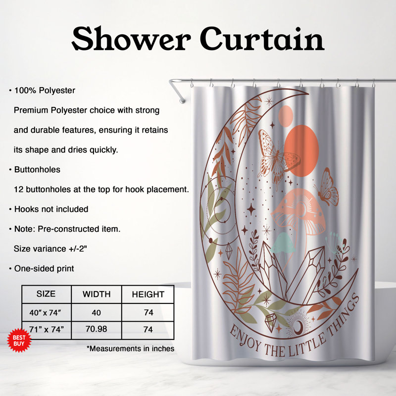 Moth Little Things - Rideau de douche standard 1 pièce, H 74 po x l 71 po