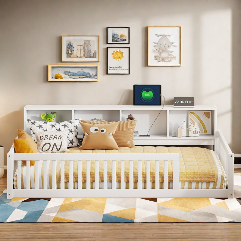 Wood Floor Bed With Built-in Storage Cabinets And Usb Ports, White